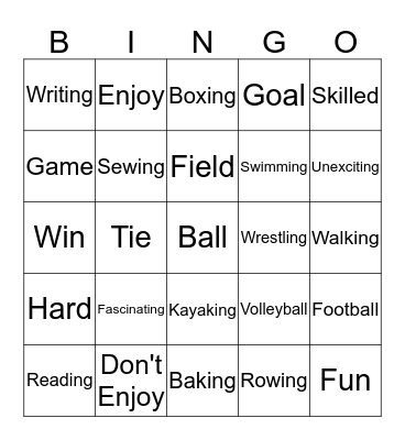 Hobbies Theme Bingo Card