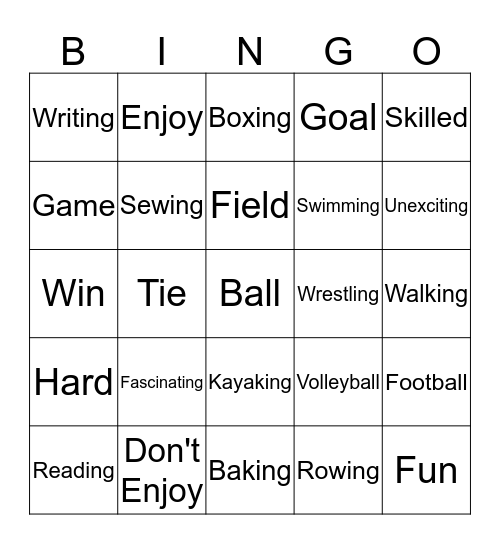 Hobbies Theme Bingo Card