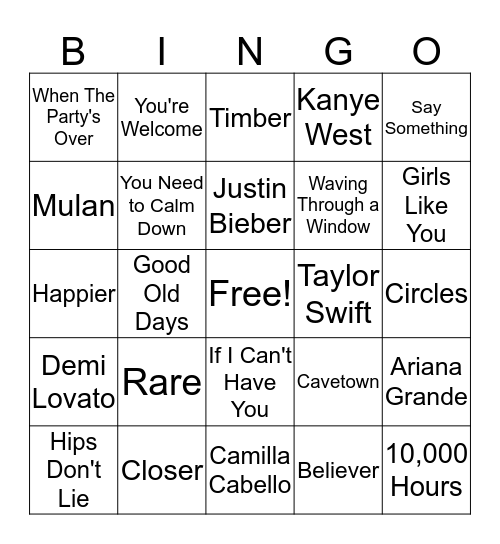 Musical Bingo Card