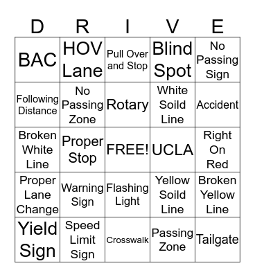 Driver's Education Bingo Card