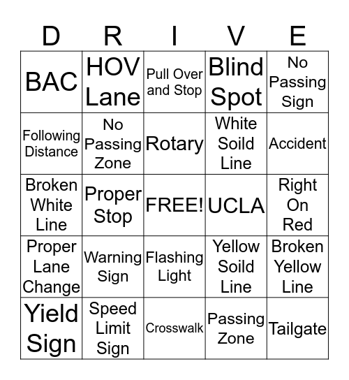 Driver's Education Bingo Card