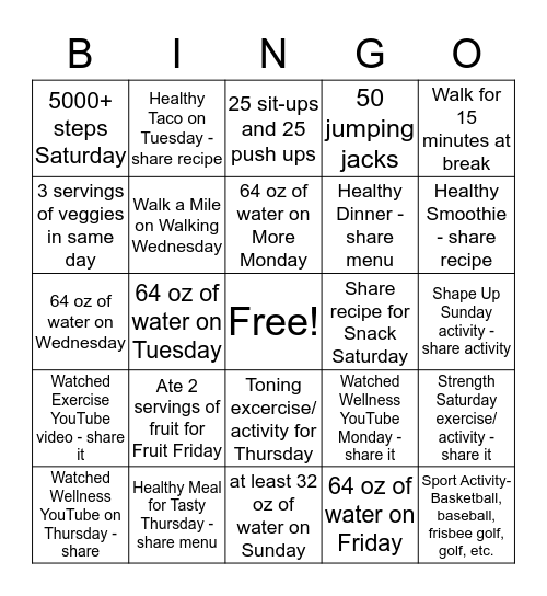 HEALTH & WELLNESS BINGO Card