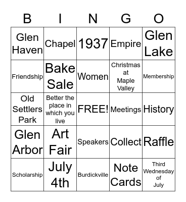 Glen Lake Woman's Club Bingo Card