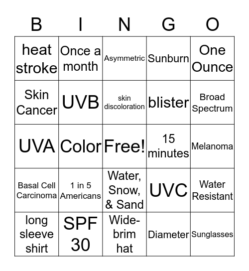 SUN SAFETY Bingo Card