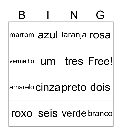 Portuguese Color and Numbers Bingo Card