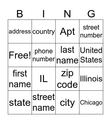 Personal Information Bingo Card