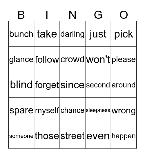 I want you back Bingo Card