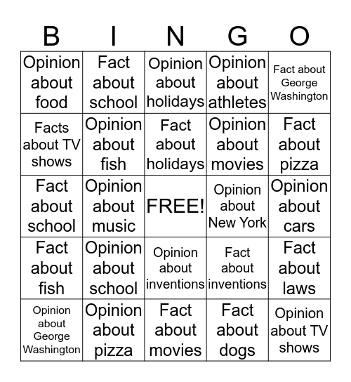 Fact vs. Opinion Bingo Card