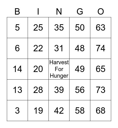Harvest For Hunger Bingo Card