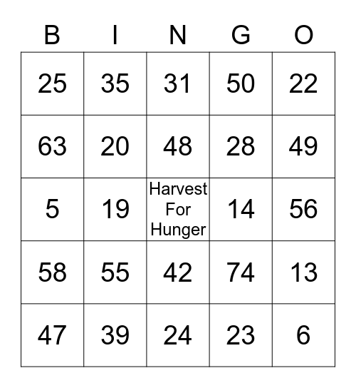 Harvest For Hunger Bingo Card