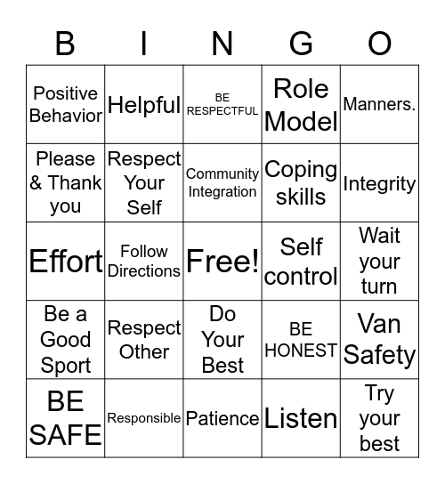 PBIS Bingo Card