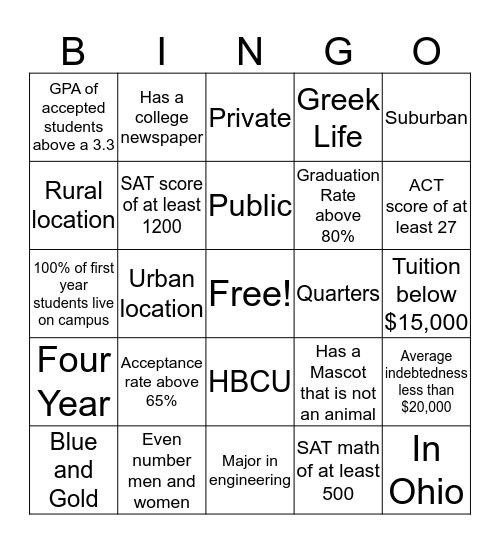 College BINGO Card