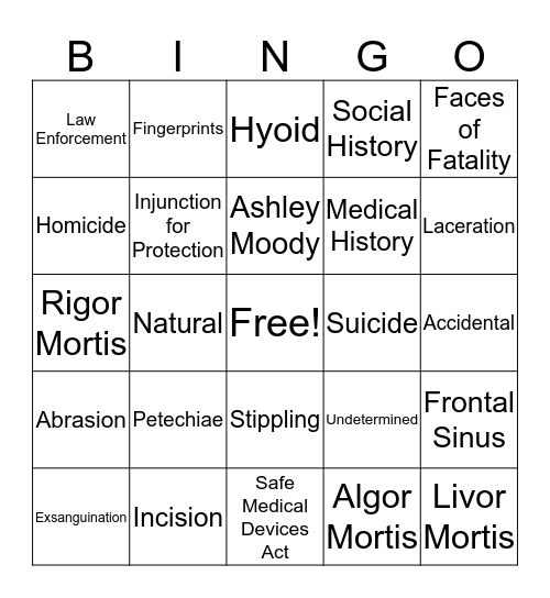 Death Investigations Bingo Card