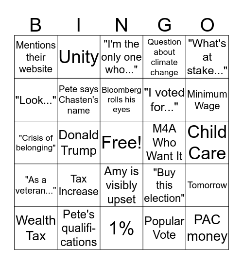 Democratic Debate Bingo 2/25/20 Bingo Card