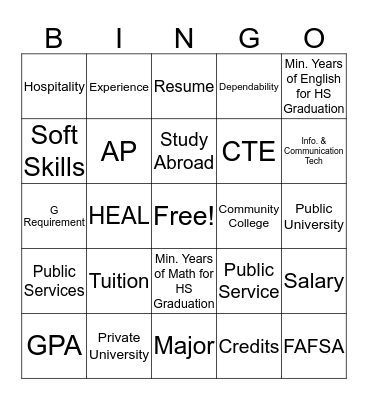 College & Career Bingo Card