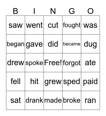 Irregular Verbs Bingo Card