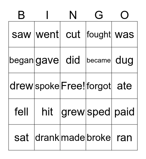 Irregular Verbs Bingo Card