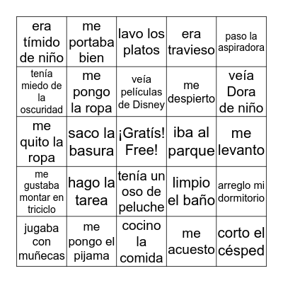 Quehaceres, Rutina y Cuando Era Niño Bingo Card