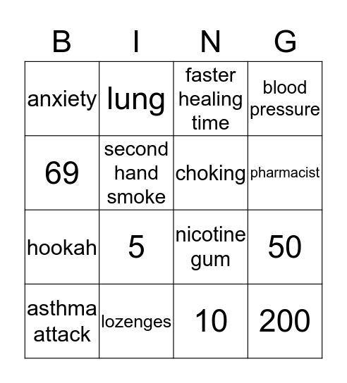 Smoking Cessation Bingo Card