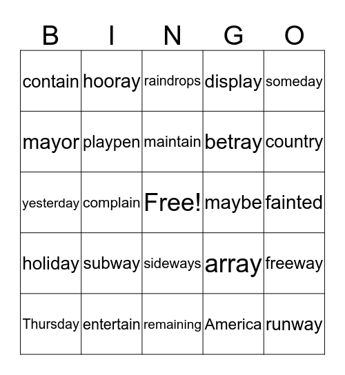 ay and ai Bingo Card