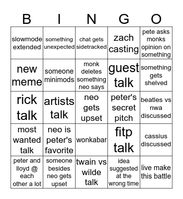 February Writing Session Bingo Card