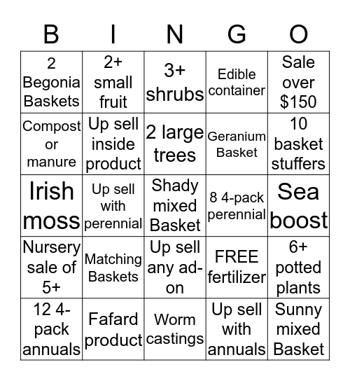 Up sell Bingo Card