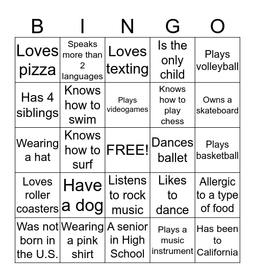 Get to know you BINGO. Find someone who has these characteristics and ask them to sign in the appropriate box.  Bingo Card