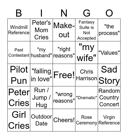 Most Dramatic Bachelor Fantasy Bingo Card