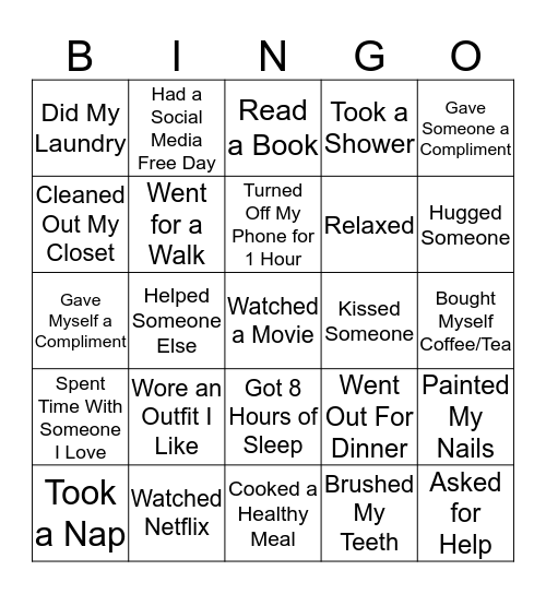 Self Care Bingo Card