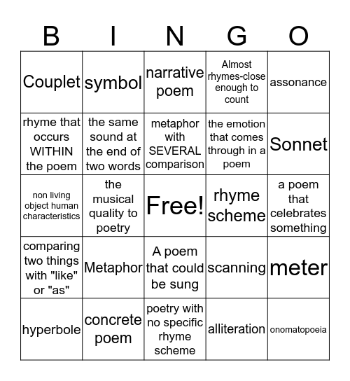 Poetry Terms  Bingo Card