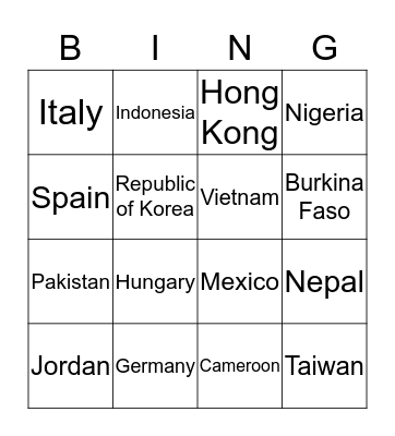 All Around The World Bingo Card