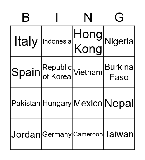 All Around The World Bingo Card