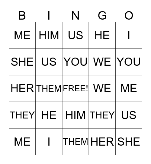 Pronoun Bingo Card