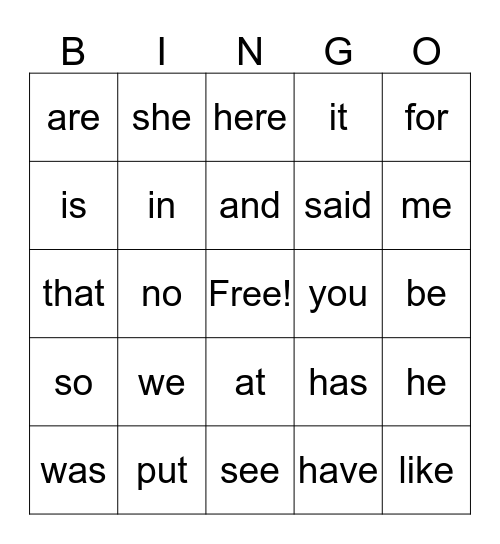 K Sight Words Bingo Card