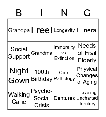 Very Old Age Bingo Card
