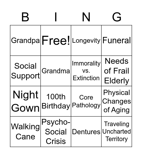 Very Old Age Bingo Card