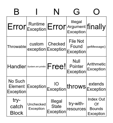 Exceptions Bingo Card