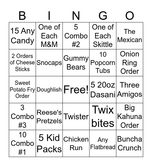 Concessions Bingo Card