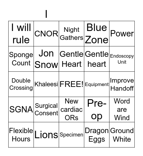 GAME OF ZONES Bingo Card