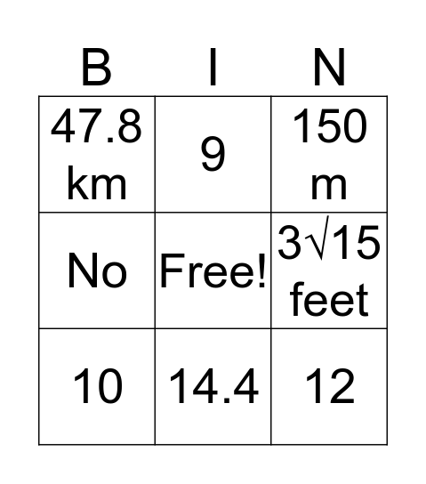 Pythagorean Theorem Bingo Card