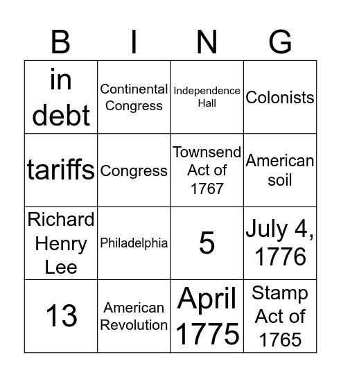 Declaration of Independence Bingo Card