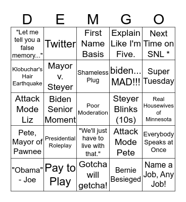 February Debate 3: Electric Beegalee Bingo Card