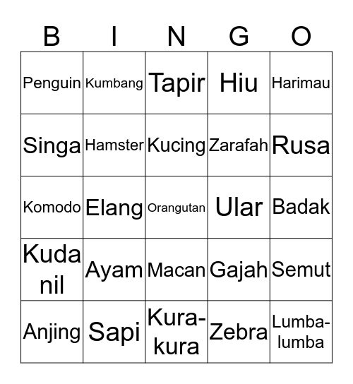 Tuliskan nama-nama hewan! Bingo Card