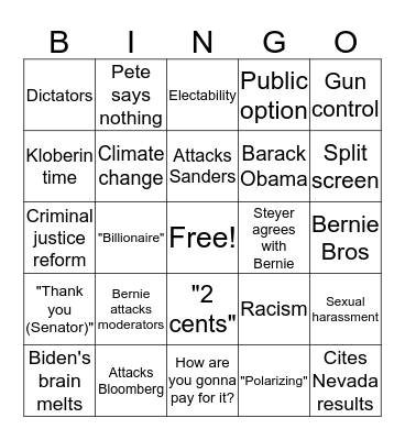 Democratic Debate Bingo Card