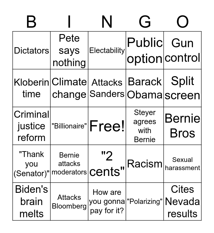 Democratic Debate Bingo Card 