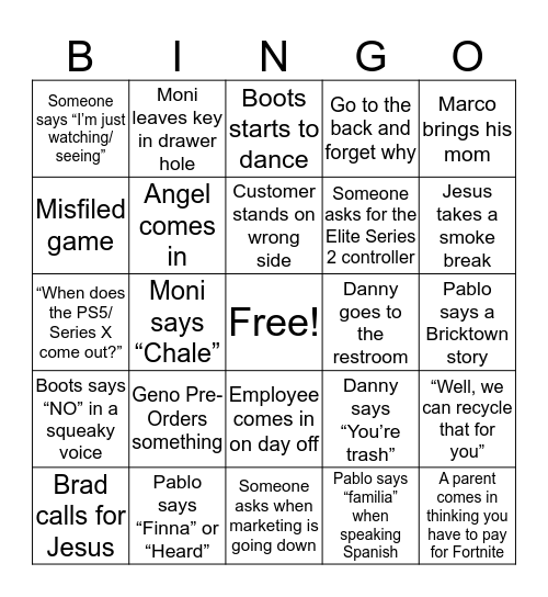 GameStop Bingo Card