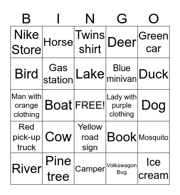 On The Road Again Bingo Card