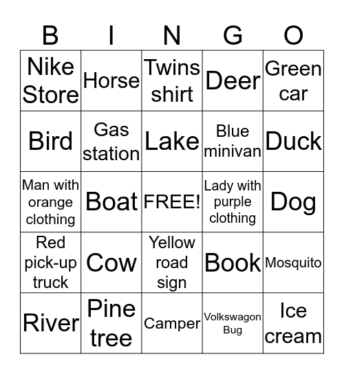 On The Road Again Bingo Card