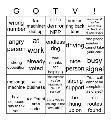 GOTV Bingo! Bingo Card