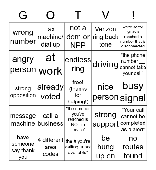 GOTV Bingo! Bingo Card